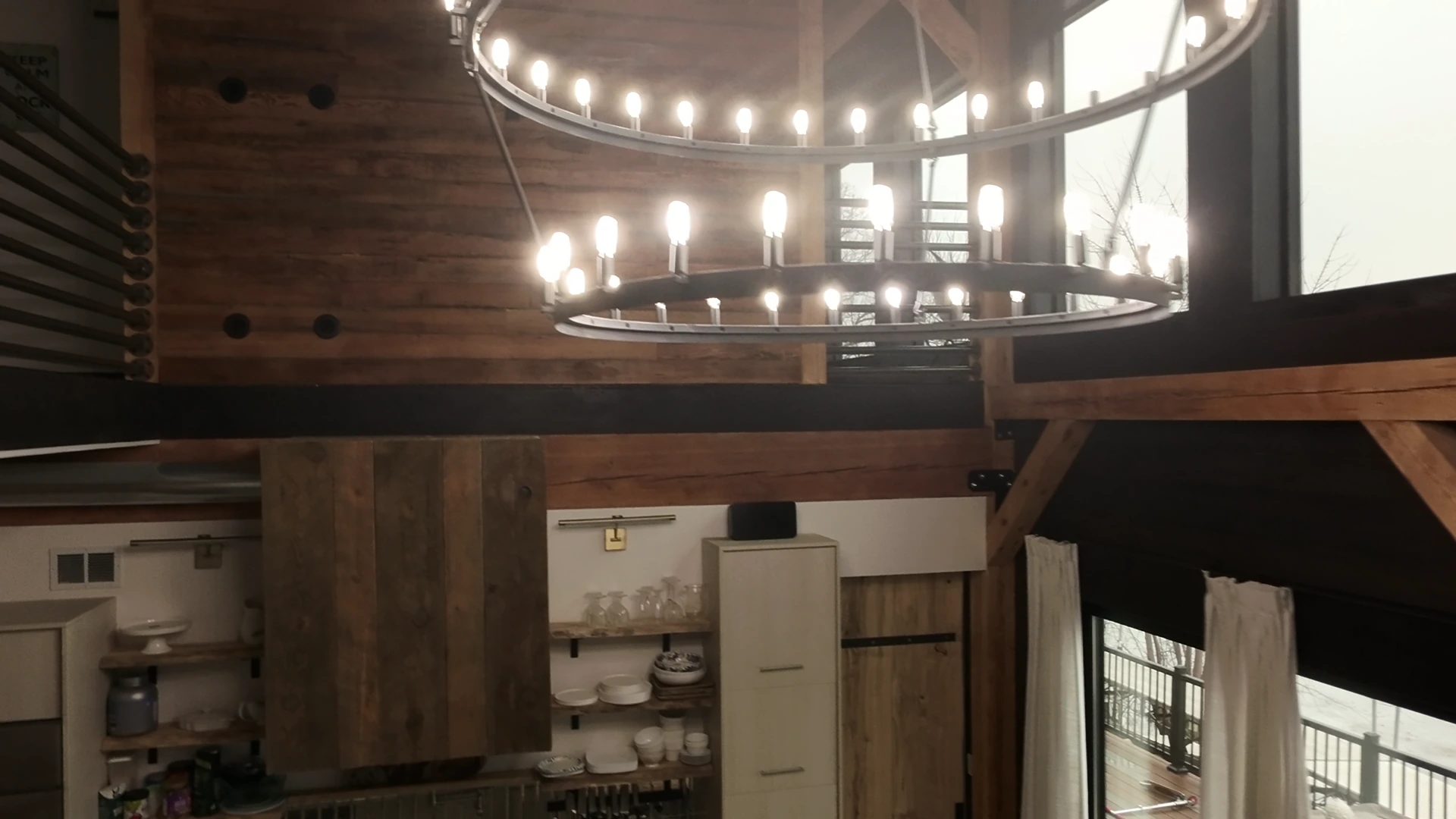 Exposed timber columns, beams and bracing inside the home